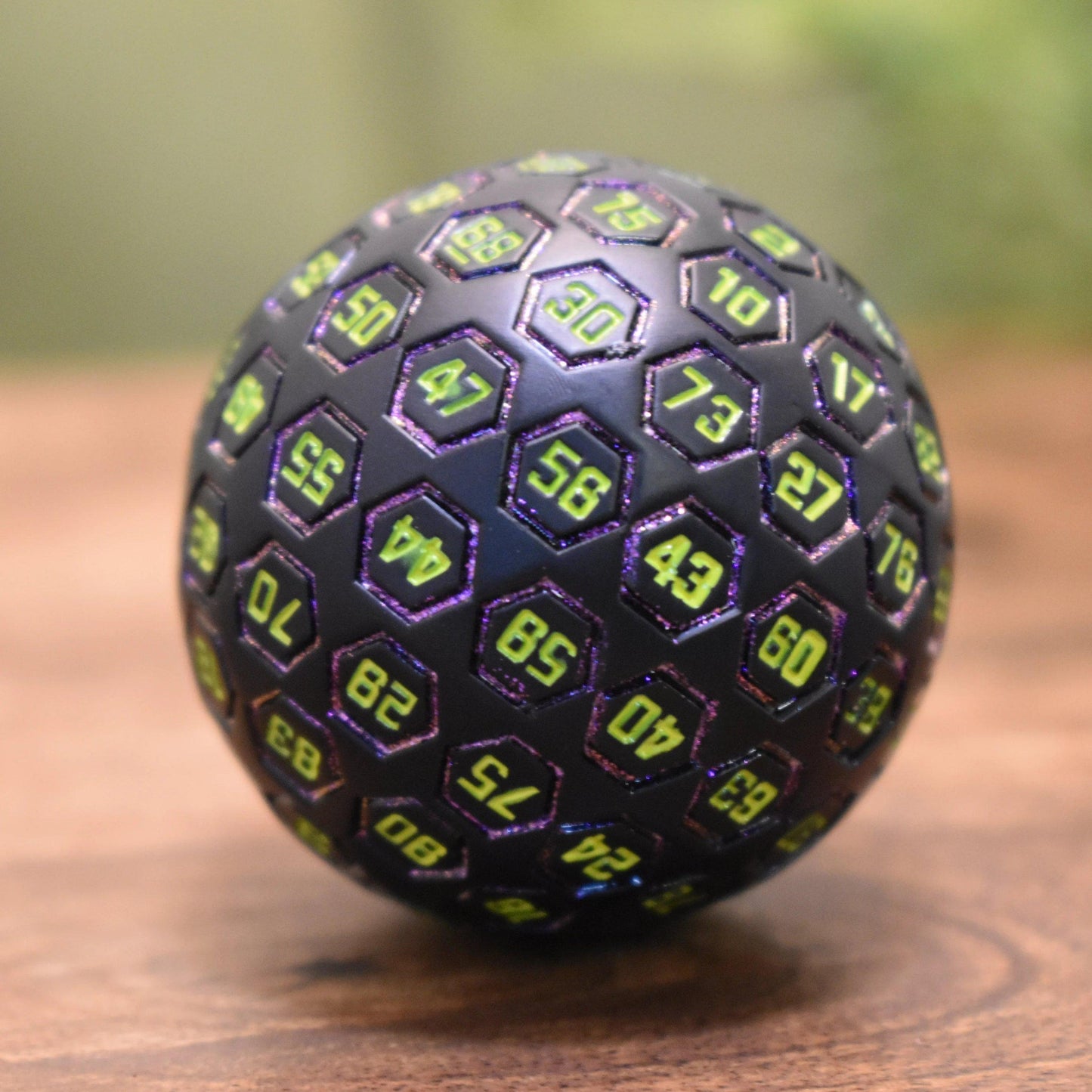 The Orb D100 - Purple, Neon Green, and Black Metal Die