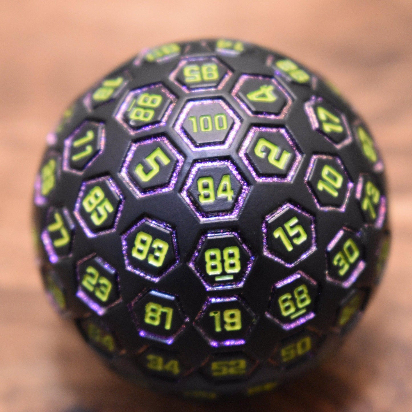 The Orb D100 - Purple, Neon Green, and Black Metal Die