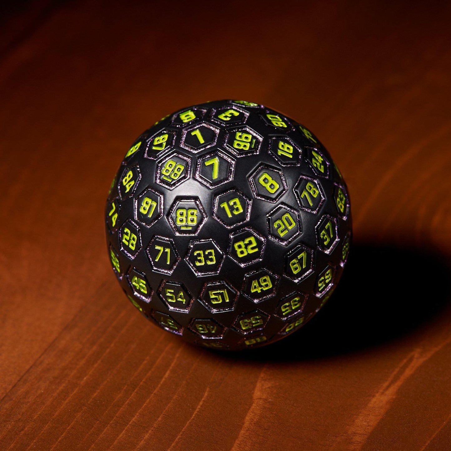 The Orb D100 - Purple, Neon Green, and Black Metal Die